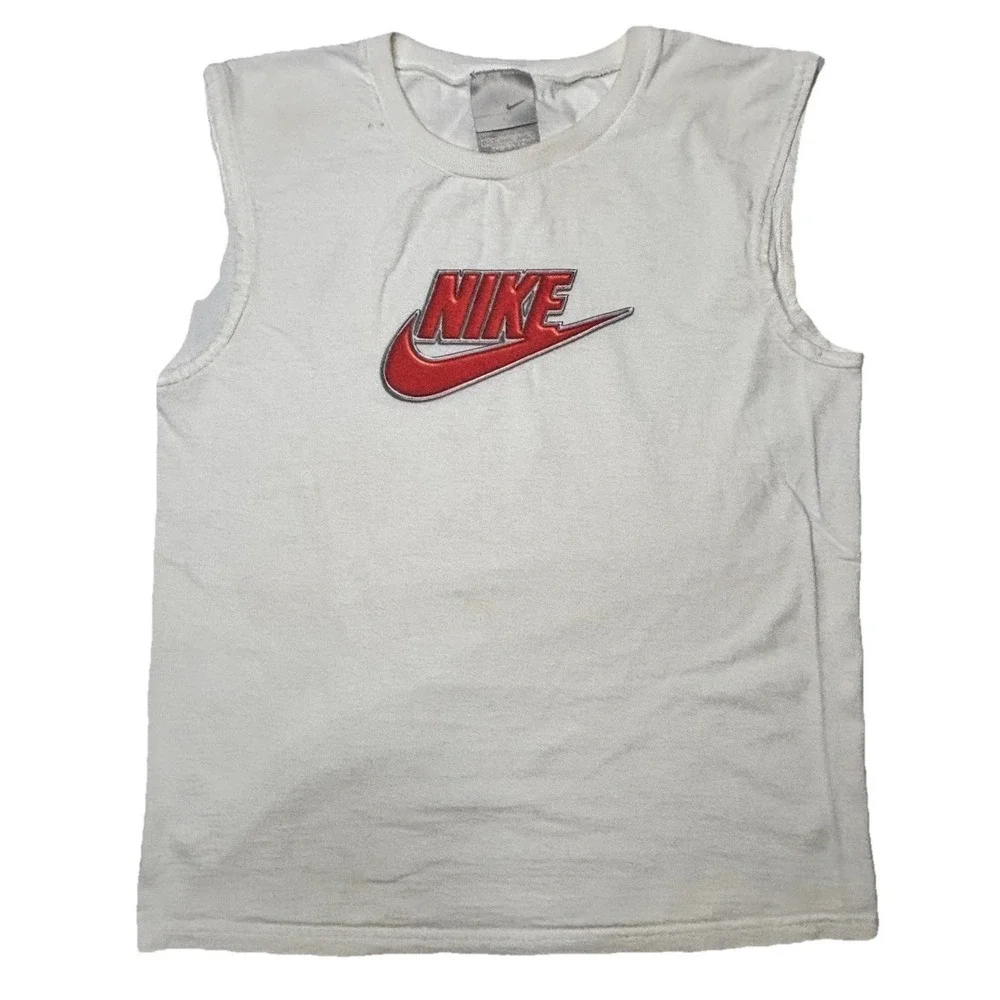 Vintage Nike‎ Made USA Youth Sleeveless Shirt White Red Swoosh Logo Y2K